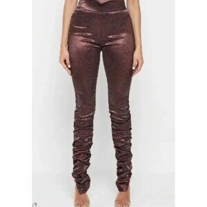 Manière De Voir Women's Brown Satin Woodgrain Ruched Trousers Size 6 Luxury